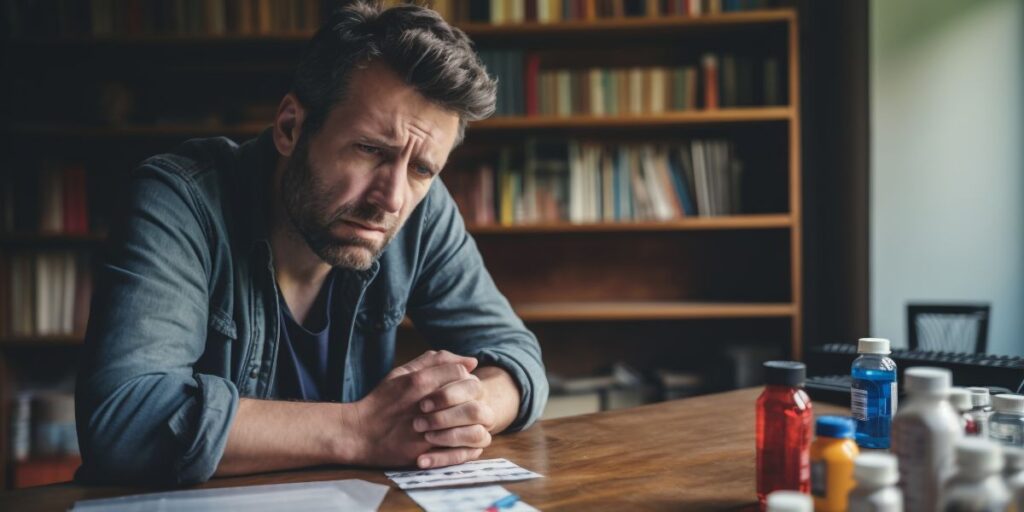 A man sits anxiously by pill bottles; the image details Methadone Overdose signs, symptoms, and treatment options.