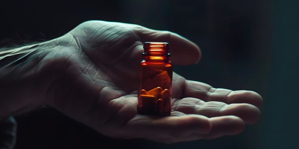 An open palm holds a small amber bottle of pills, representing the essential 3-day Rule For Methadone compliance